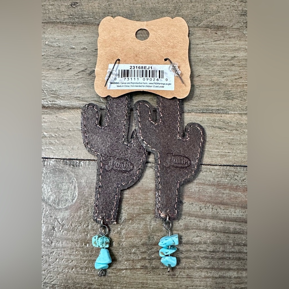NWT Justin Boots Leather Embroidered Cactus Earrings Western Turquoise Dangle - Picture 2 of 2